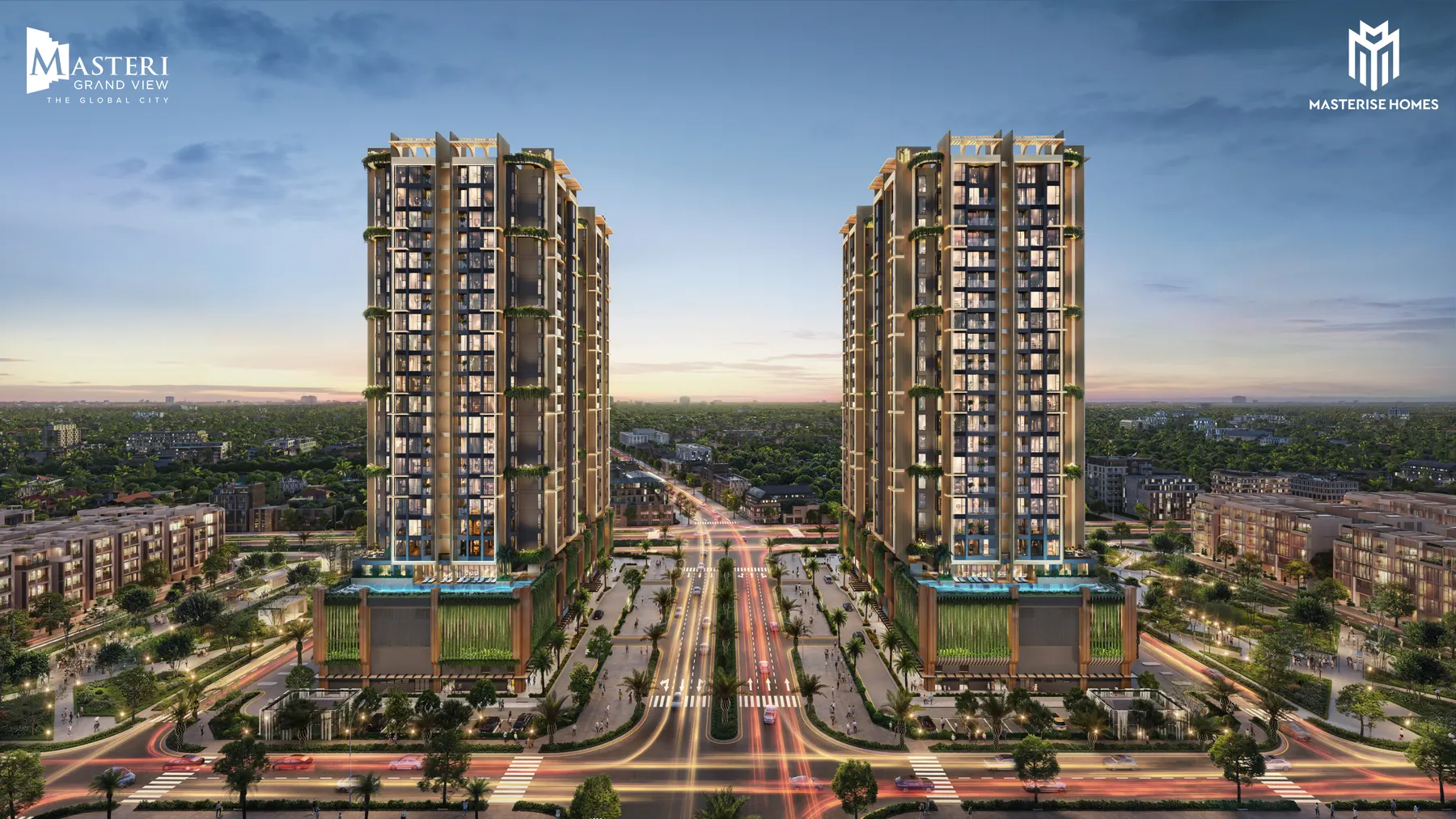 Hai tòa nhìn từ đại lộ lúc chiều tối