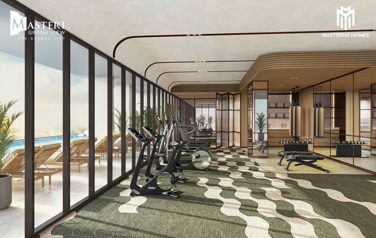 Phòng gym nhìn ra hồ bơi
